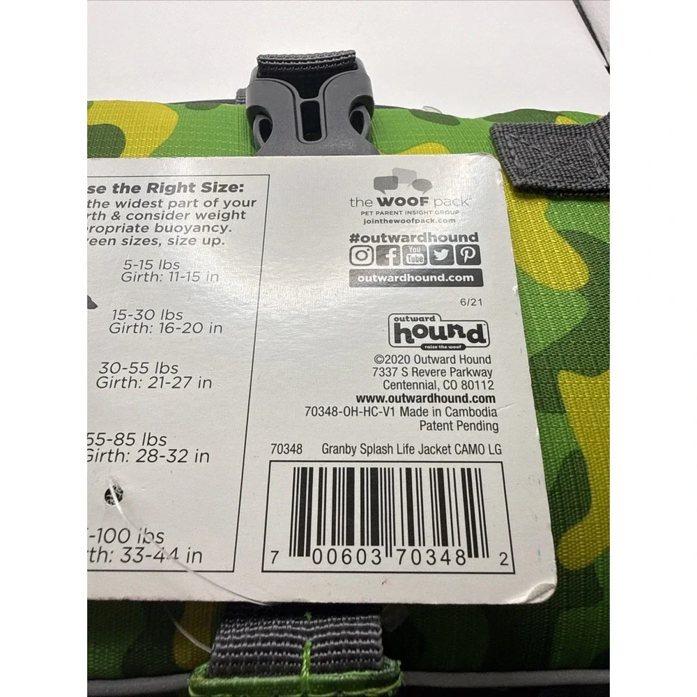 Granby Splash Dog Life Jacket By Outward Hound Large 55-85 Lbs, 28-32 In. New